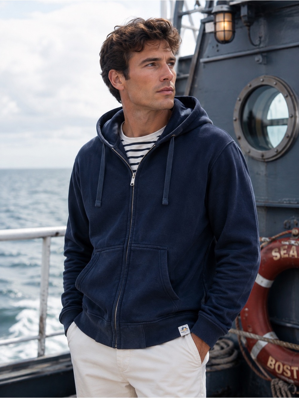 Fat Face Marine Blue “No Sea No Life” Navy Zip Hoodie Mens M